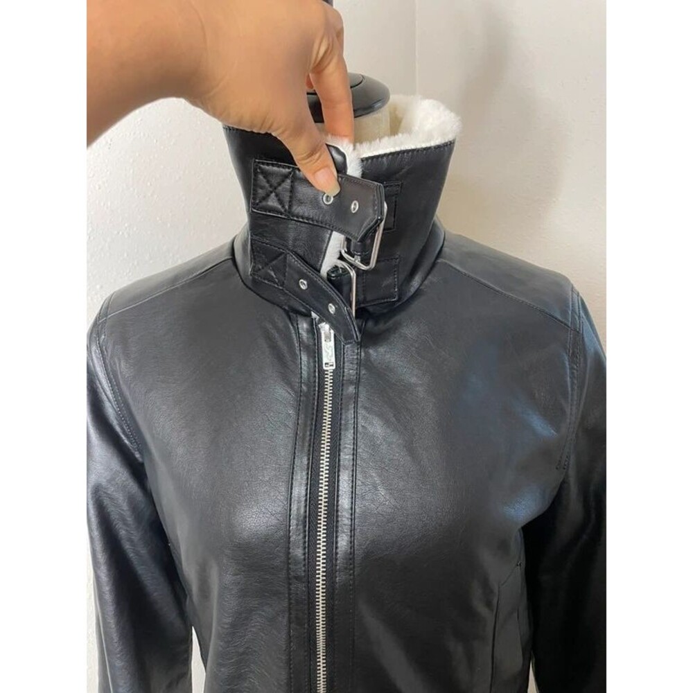 Hollister Black Faux Leather Aviator Jacket White Faux Fur Shearling Size Small - Picture 5 of 9